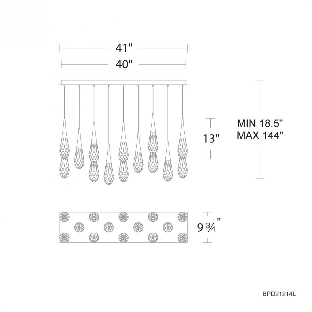 Hibiscus 14 Light 120-277V Multi-Light Pendant (Linear Canopy) in Black with Clear Optic Crystal