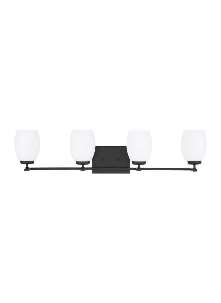 Catlin modern 4-light indoor dimmable bath vanity wall sconce in midnight black finish with etched w